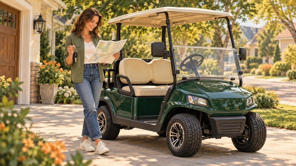 Woman holding keys and a map beside a green golf cart parked in a residential driveway.
