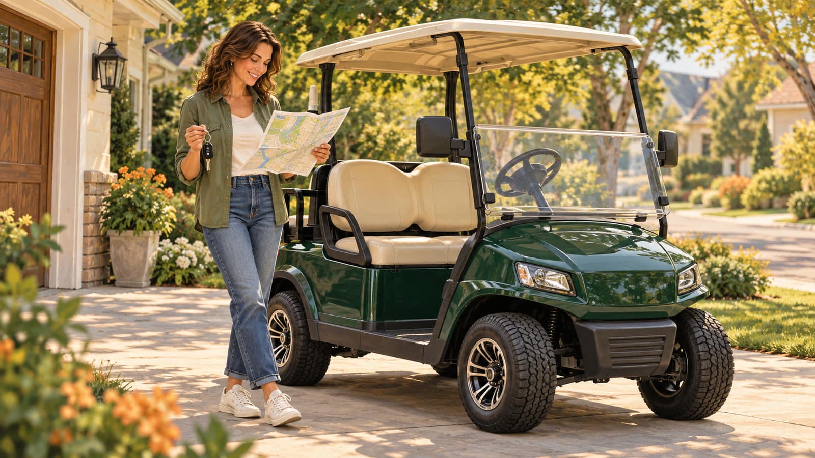 Woman holding keys and a map beside a green golf cart parked in a residential driveway.
