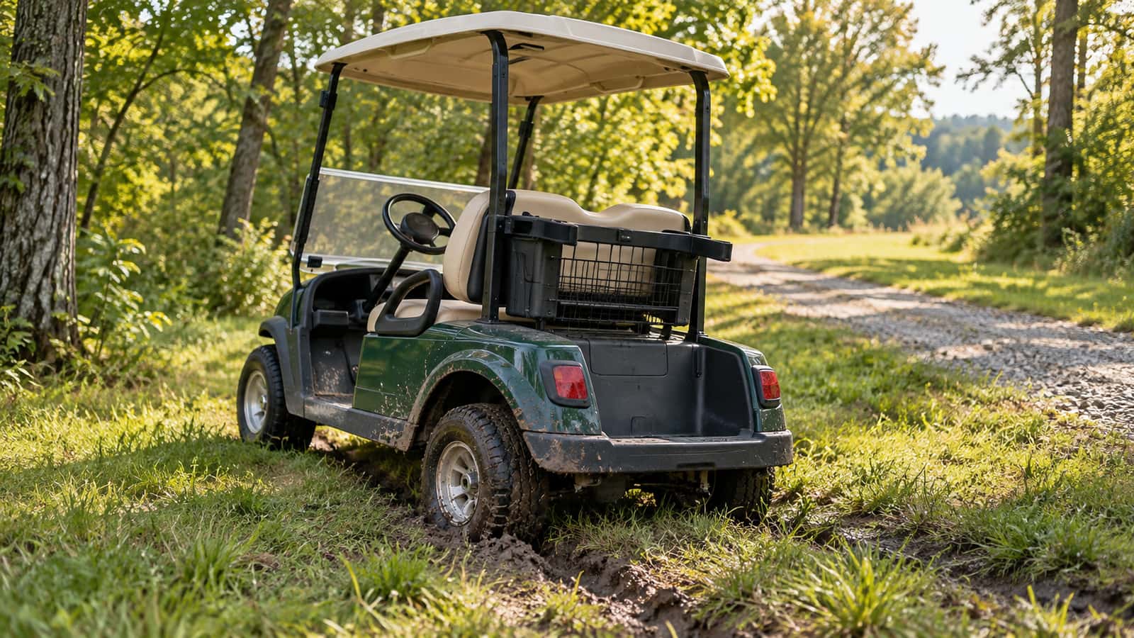 Green golf cart with a rear tire in a shallow muddy rut beside a firm gravel path
