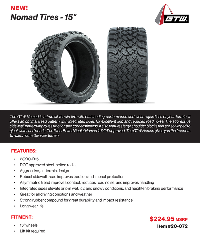 Features, highlights, and specifications photo of the GTW Nomad 23" tall 15" SBR golf cart tire, Item #20-072.