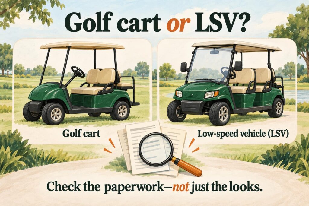 Golf cart and low-speed vehicle comparison, with a reminder to check the vehicle’s paperwork.