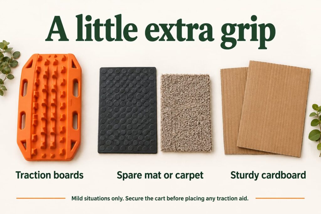 Traction board, short rubber mat, carpet scrap and sturdy cardboard arranged as possible traction aids