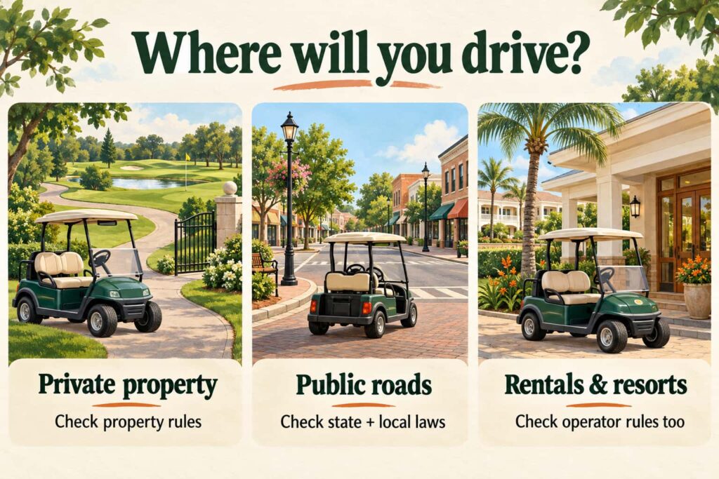 Three places to drive a golf cart: private property, public roads, and rentals or resorts, each with rules to check.