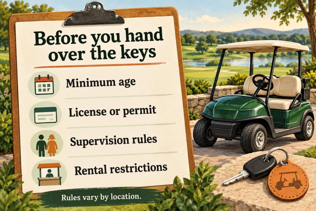 Checklist to review minimum age, license or permit, supervision rules, and rental restrictions before handing over golf cart keys.