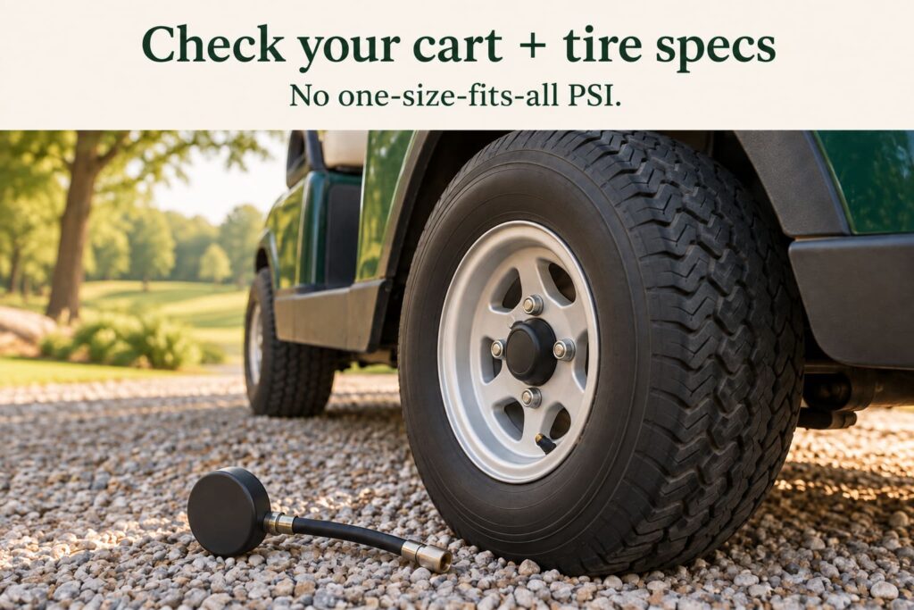 Tire-pressure gauge beside a golf-cart wheel with a reminder to follow the cart and tire specifications