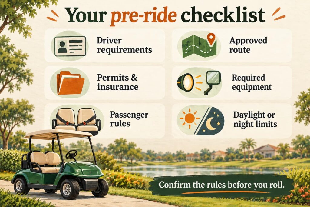 Golf cart pre-ride checklist covering driver requirements, route, permits and insurance, equipment, passengers, and operating hours.