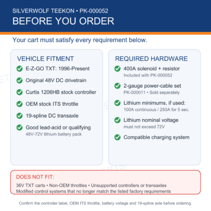 E-Z-GO TXT TEEKON PK-000052 fitment and electrical requirements checklist