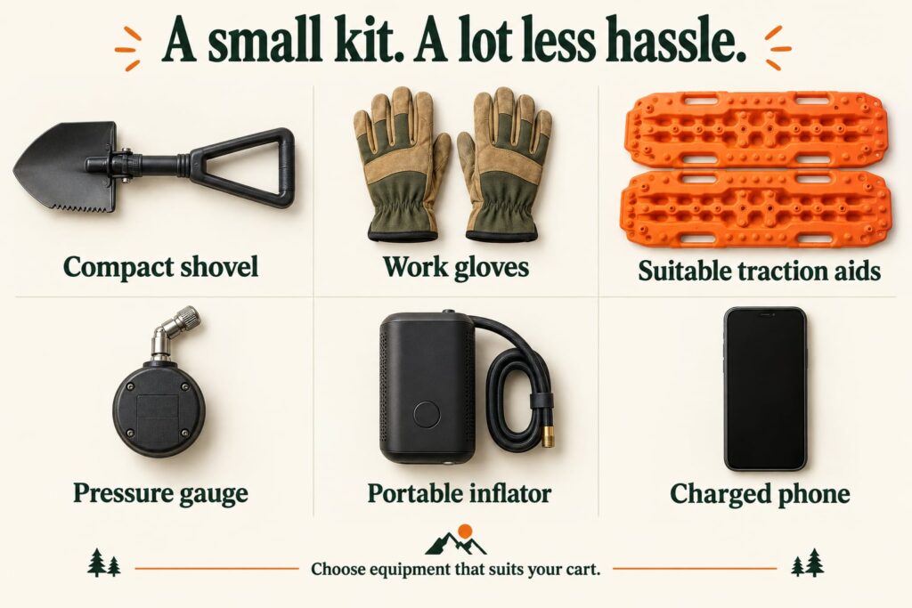 Small golf-cart recovery kit with a shovel, gloves, traction boards, pressure gauge, portable inflator and phone