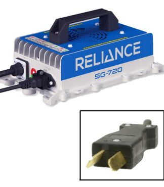 Lead acid battery charger for 36 volt Club Car DS electric golf cart models, made by Reliance Item # 07-006.
