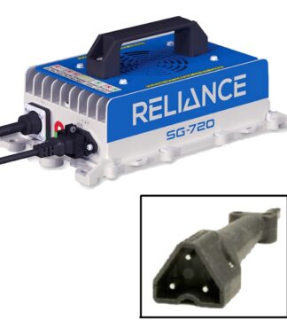 Lead acid battery charger for 48 volt EZ-GO golf cart models, made by Reliance Item # 07-009.