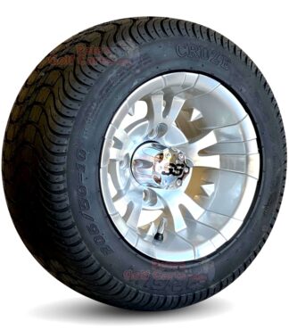 10-Inch-vampire-silver-machined-aluminum-golf-cart-wheels-10x7-with-18-inch-tall-205/50-10-dot-low-profile-street-tires-arisun-cruze-set-of-4