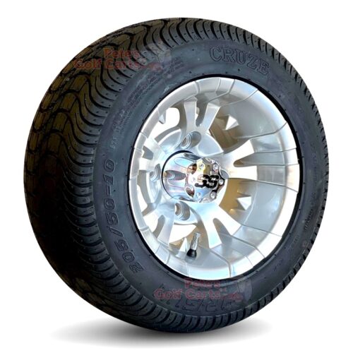 10-Inch-vampire-silver-machined-aluminum-golf-cart-wheels-10x7-with-18-inch-tall-205/50-10-dot-low-profile-street-tires-arisun-cruze-set-of-4