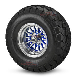 10" Phoenix Blue/Machined Golf Cart Wheels and 22x10-10 Trail Fox All Terrain Golf Cart Tires Combo - Set of 4 (22" tall)