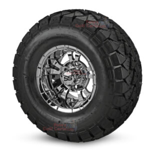 10" Vampire Chrome Golf Cart Wheels and 22x10-10 Trail Fox All Terrain Golf Cart Tires Combo - Set of 4 (22" tall)