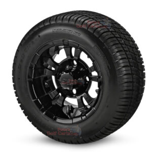 10" Vampire Gloss Black Golf Cart Wheels and 205/50-10 DOT Low Profile Street/Turf Golf Cart Tires Combo - Set of 4 (18" tall)