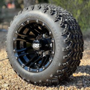 10" HD3 Gloss Black Golf Cart Wheels and 18x9-10 DOT All Terrain Tires (18" tall - FITS ALL CARTS!)