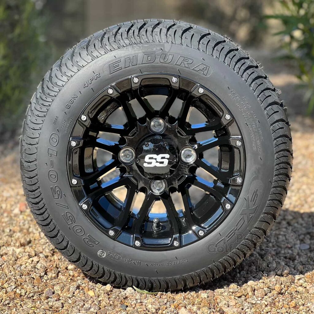 10-inch-HD3-gloss-black-golf-cart-wheels-205/50-10-excel-endura-dot-approved-low-profile-street-and-turf-golf-cart-tires