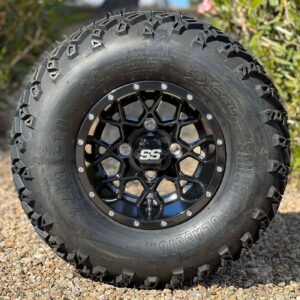 10" Matrix Gloss Black Golf Cart Wheels and 22x11-10 Excel Sahara Classic DOT All Terrain Tires Combo - Set of 4 (22" tall)