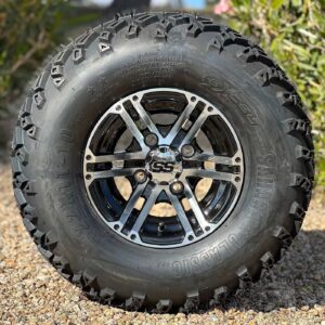 10" Terminator Black/Machined Golf Cart Wheels and 22x11-10 DOT All Terrain Tires Combo - Set of 4 (22" tall)
