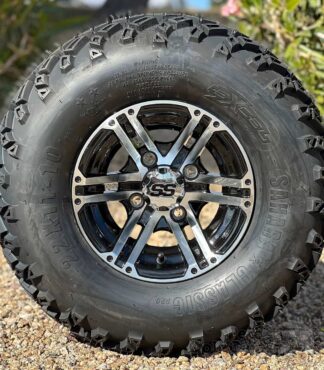 10-inch-Terminator-black-machined-aluminum-golf-cart-wheels-and-22x11-10-excel-sahara-classic-dot-all-terrain-golf-cart-tires-combo-set-of-4