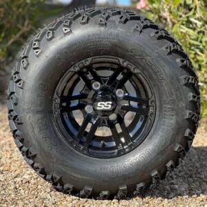 10" Terminator Gloss Black Golf Cart Wheels and 22x11-10 DOT All Terrain Tires Combo - Set of 4 (22" tall)