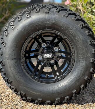 10-inch-Terminator-gloss-black-10x7-golf-cart-wheels-and-22x11-10-excel-sahara-classic-dot-all-terrain-golf-cart-tires-combo-set-of-4