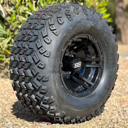 10-inch-Terminator-gloss-black-10x7-golf-cart-wheels-and-22x11-10-excel-sahara-classic-dot-all-terrain-golf-cart-tires-combo-set-of-4-petesgolfcarts-com