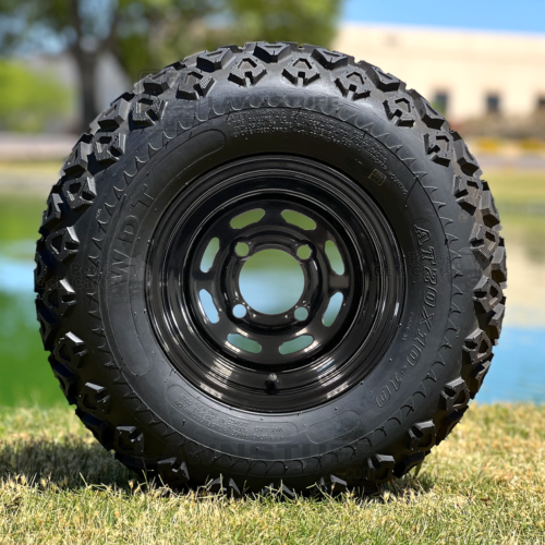 10-inch-black-solid-steel-wheel-and-20x10-10-20-inch-tall-DOT-All-Terrain-Tire-Wanda-P3026-solid-outside petes-golf-carts