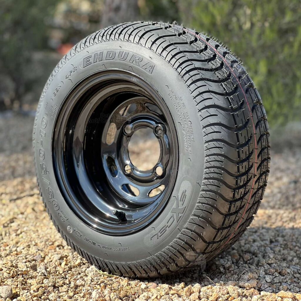 10-inch-black-steel-slotted-golf-cart-wheels-10x7-205/50-10-excel-endura-low-profile-dot-approved-street-turf-golf-cart-tires-combo