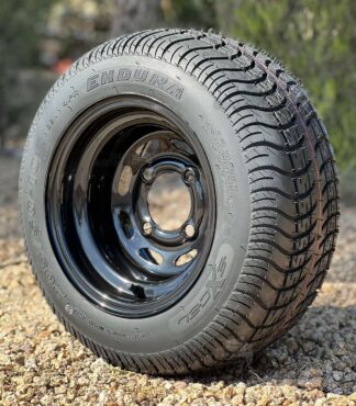10-inch-black-steel-slotted-golf-cart-wheels-10x7-205/50-10-excel-endura-low-profile-dot-approved-street-turf-golf-cart-tires-combo