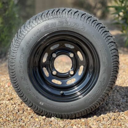 10-inch-black-steel-slotted-golf-cart-wheels-10x7-205/50-10-excel-endura-low-profile-dot-approved-street-turf-golf-cart-tires-combo-petesgolfcarts-com