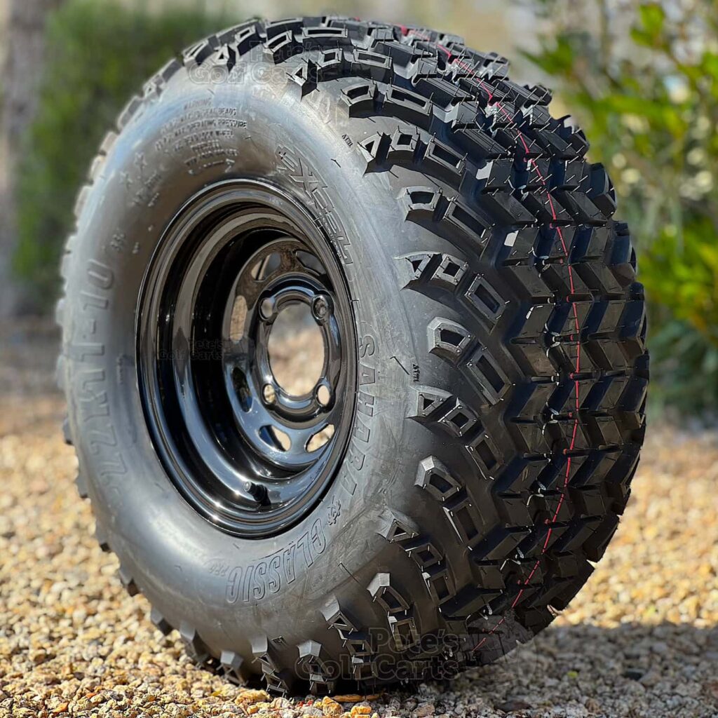 10-inch-black-steel-slotted-golf-cart-wheels-10x7-22x11-10-excel-sahara-classic-dot-all-terrain-golf-cart-tires-combo-set-of-4