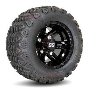 10" Bulldog Gloss Black Golf Cart Wheels and 18x9.00-10 DOT All Terrain Golf Cart Tires Combo - Set of 4 (18" tall)