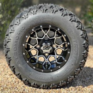 10" Matrix Black/Machined Golf Cart Wheels and 20x10-10 DOT All Terrain Golf Cart Tires Combo - Set of 4 (20" tall)