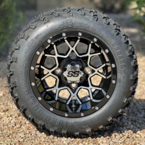 10" Matrix Black/Machined Golf Cart Wheels and 18x9-10 DOT All Terrain Tires (18" tall - FITS ALL CARTS!)