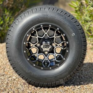 10″ Matrix Black/Machined Golf Cart Wheels and 205/65-10 DOT Street & Turf Tires Combo – Set of 4 (20" tall)