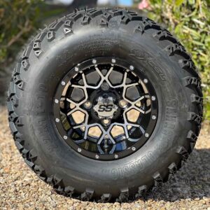 10" Matrix Black/Machined Golf Cart Wheels and 22x11-10 DOT All Terrain Tires Combo - Set of 4 (22" tall)