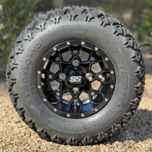 10" Matrix Gloss Black Golf Cart Wheels and 20x10-10 DOT All Terrain Tires Combo - Set of 4 (20" tall)