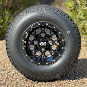 10″ Matrix Gloss Black Golf Cart Wheels and 205/65-10 DOT Street & Turf Tires Combo – Set of 4 (20" tall)