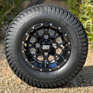 10″ Matrix Gloss Black Golf Cart Wheels and 20x8-10 Turf Tires Combo – Set of 4 (20" tall)