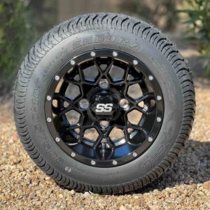10" Matrix Gloss Black Golf Cart Wheels and 205/50-10 Low Profile Street Golf Cart Tires Combo - Set of 4 (18" - FITS ALL CARTS!)