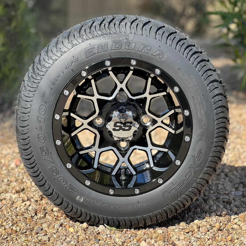 10-inch-matrix-machined-black-golf-cart-wheels-205/50-10-excel-endura-dot-approved-low-profile-street-and-turf-golf-cart-tires