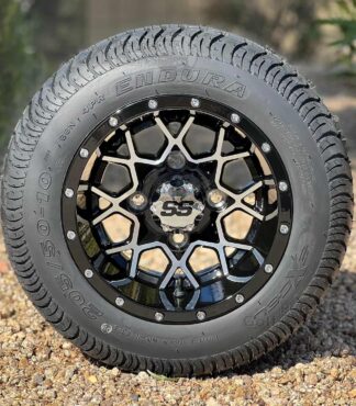 10-inch-matrix-machined-black-golf-cart-wheels-205/50-10-excel-endura-dot-approved-low-profile-street-and-turf-golf-cart-tires