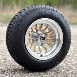 10" Phoenix Gold/Machined 14-Spoke Golf Cart Wheels and 205/50-10 Street/Turf Golf Cart Tires Combo - Set of 4 (18" - FITS ALL CARTS!)