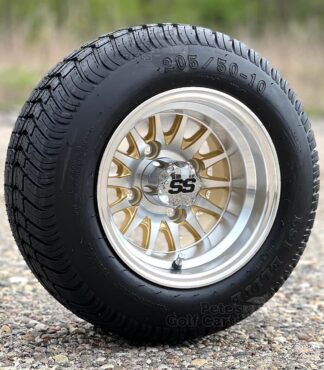 10-inch-phoenix-gold-machined-golf-cart-wheels-205/50-10-dot-low-profile-street-turf-tires-set-of-4-petesgolfcarts-ezgo-clubcar-yamaha-non-lifted-carts