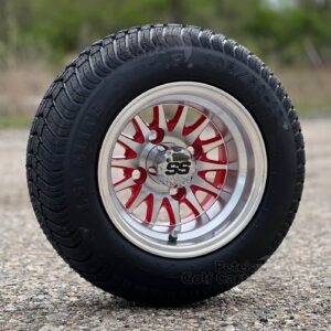 10" Phoenix Red/Machined 14-Spoke Golf Cart Wheels and 205/50-10 Street/Turf Golf Cart Tires Combo - Set of 4 (18" - FITS ALL CARTS!)