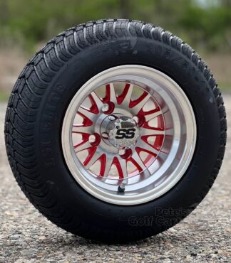 10-inch-phoenix-red-machined-golf-cart-wheels-205/50-10-dot-low-profile-street-turf-tires-set-of-4-petesgolfcarts-ezgo-clubcar-yamaha-carts