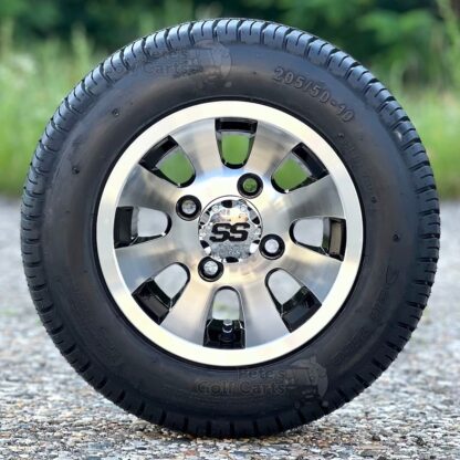 10-inch-revolver-black-machined-golf-cart-wheels-and-205/50-10-deli-dot-approved-street-turf-golf-cart-tires-for-non-lifted-carts-petesgolfcarts