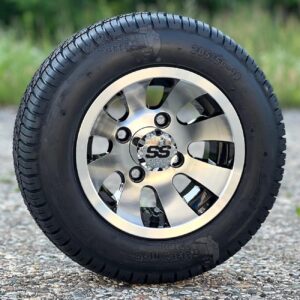 10" Revolver Black/Machined Golf Cart Wheels and 205/50-10 Low Profile Street Golf Cart Tires Combo - Set of 4 (18" - FITS ALL CARTS!)