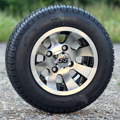 10-inch-revolver-black-machined-golf-cart-wheels-and-205/50-10-deli-dot-approved-street-turf-golf-cart-tires-for-non-lifted-ezgo-clubcar-yamaha-carts.
